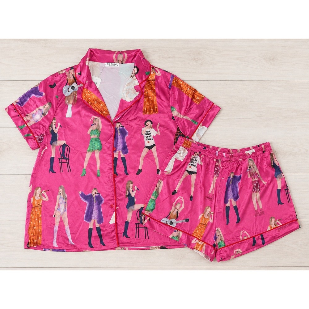 SHESHOW Pink Satin PJ's Women's Medium Taylor Inspired Button Up & Shorts NWT